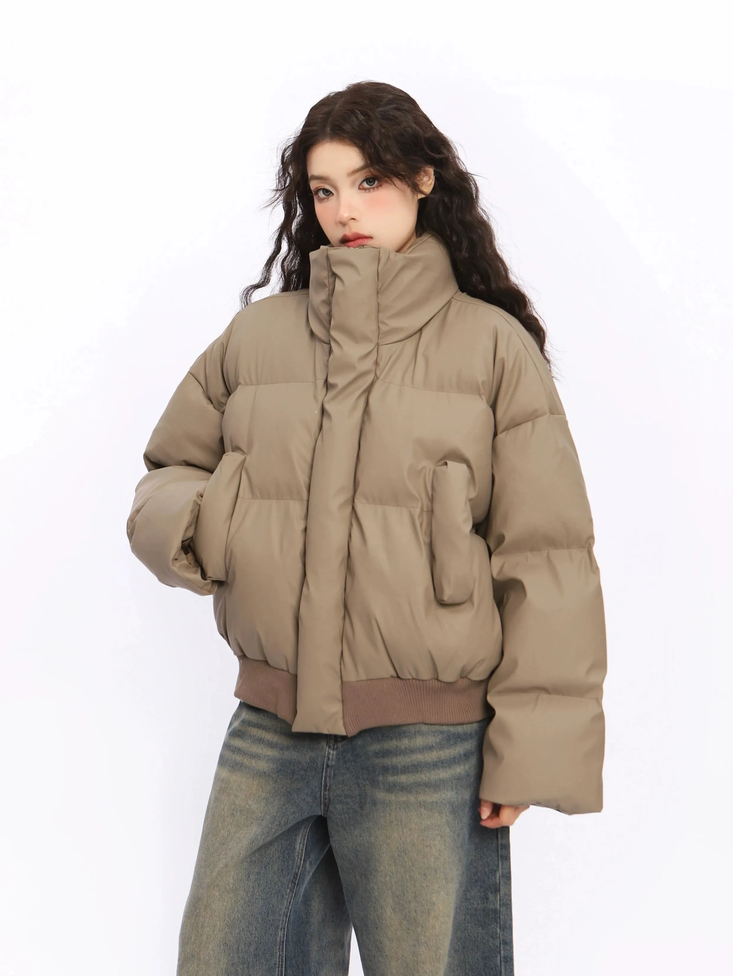Puffer Jacket with Stand Collar and Elastic Hem