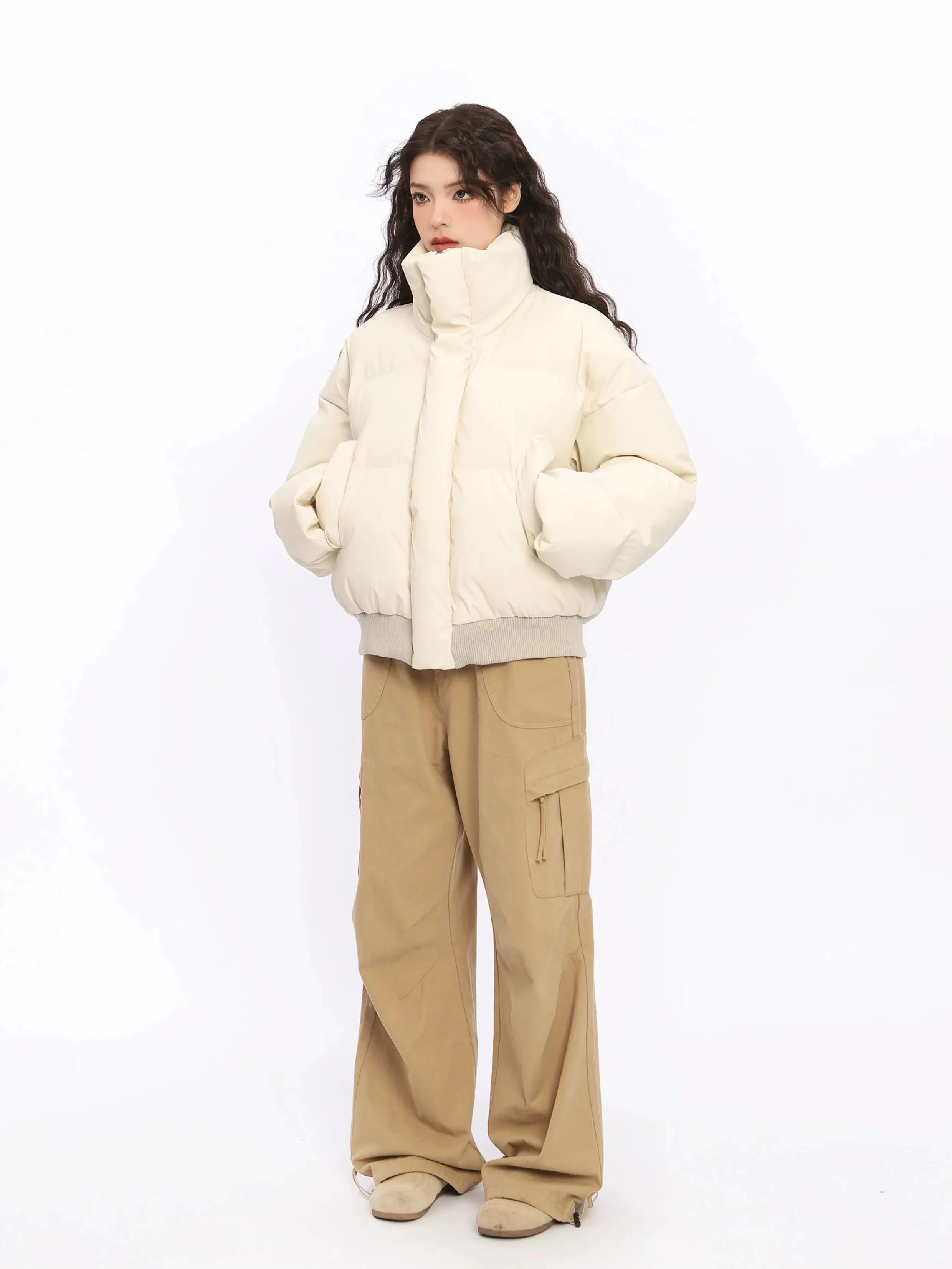 Puffer Jacket with Stand Collar and Elastic Hem
