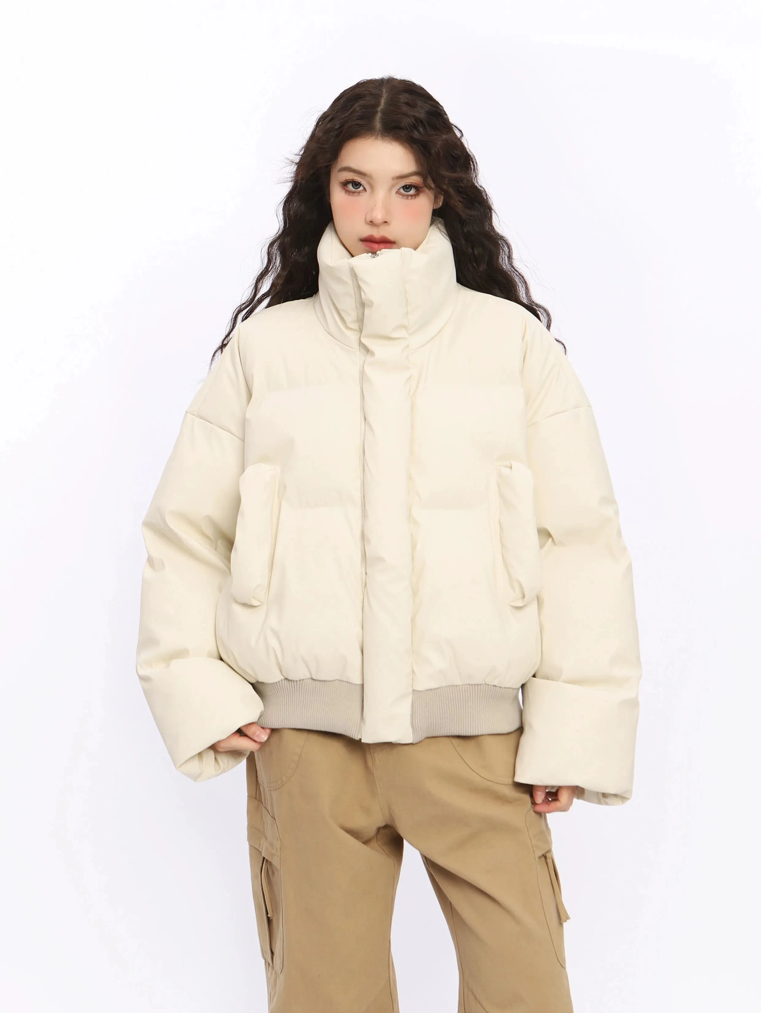 Puffer Jacket with Stand Collar and Elastic Hem