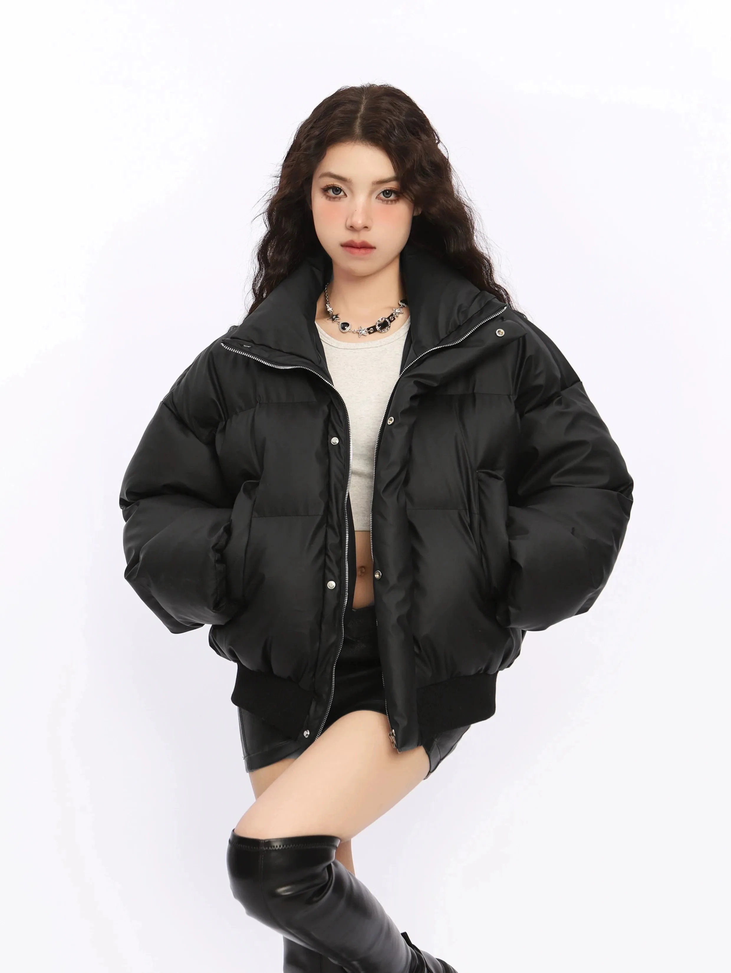 Puffer Jacket with Stand Collar and Elastic Hem