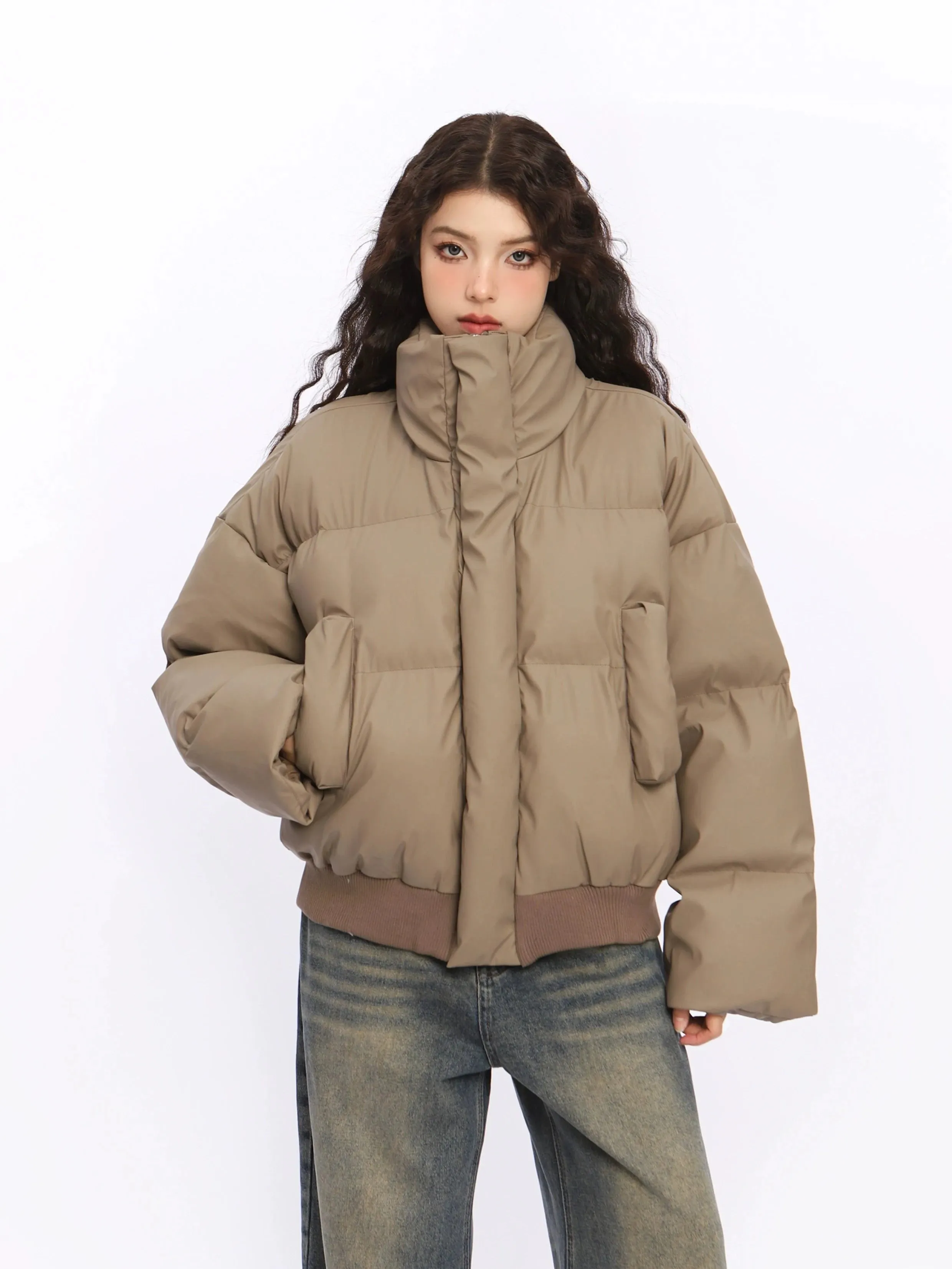 Puffer Jacket with Stand Collar and Elastic Hem
