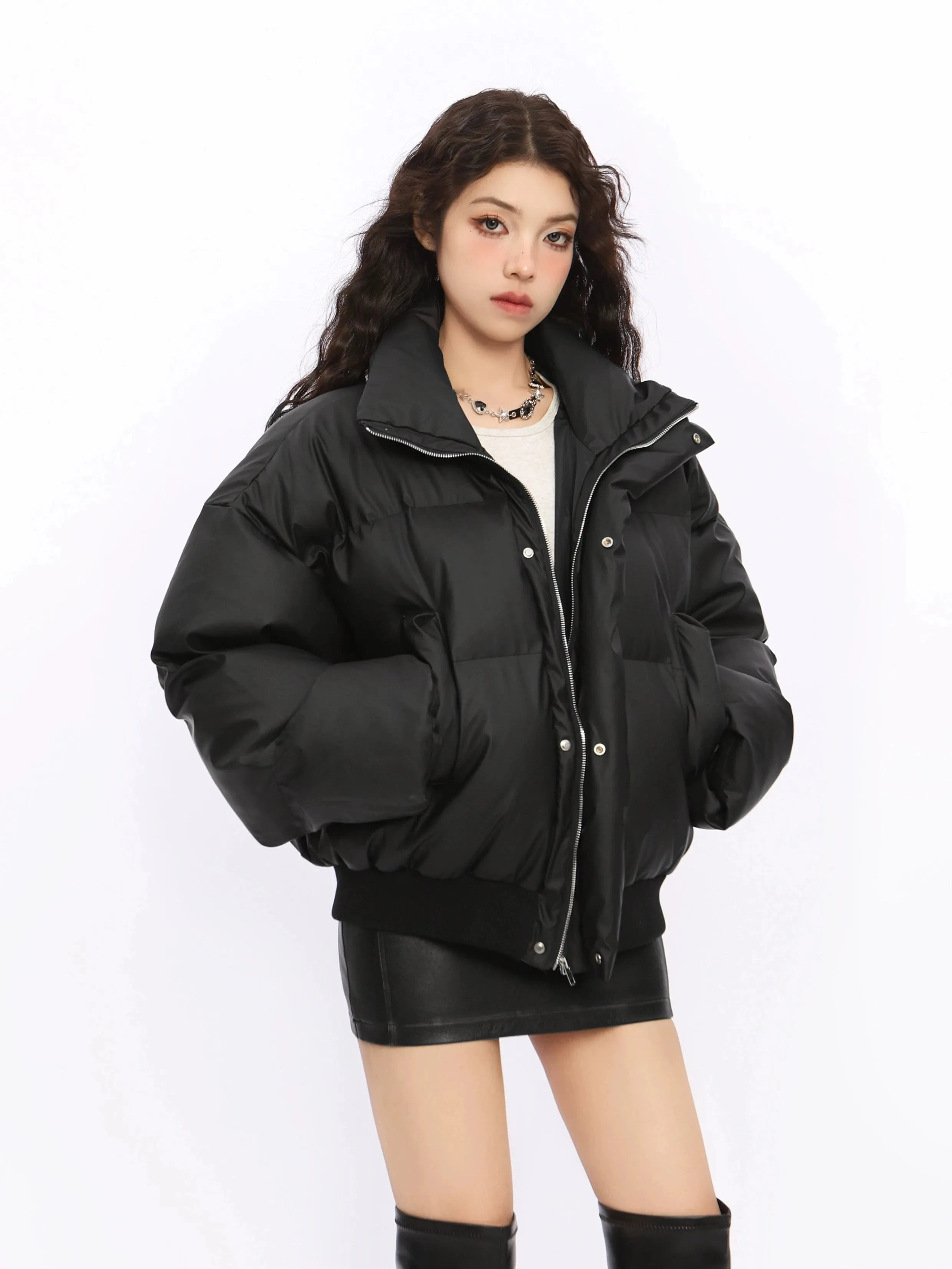 Puffer Jacket with Stand Collar and Elastic Hem