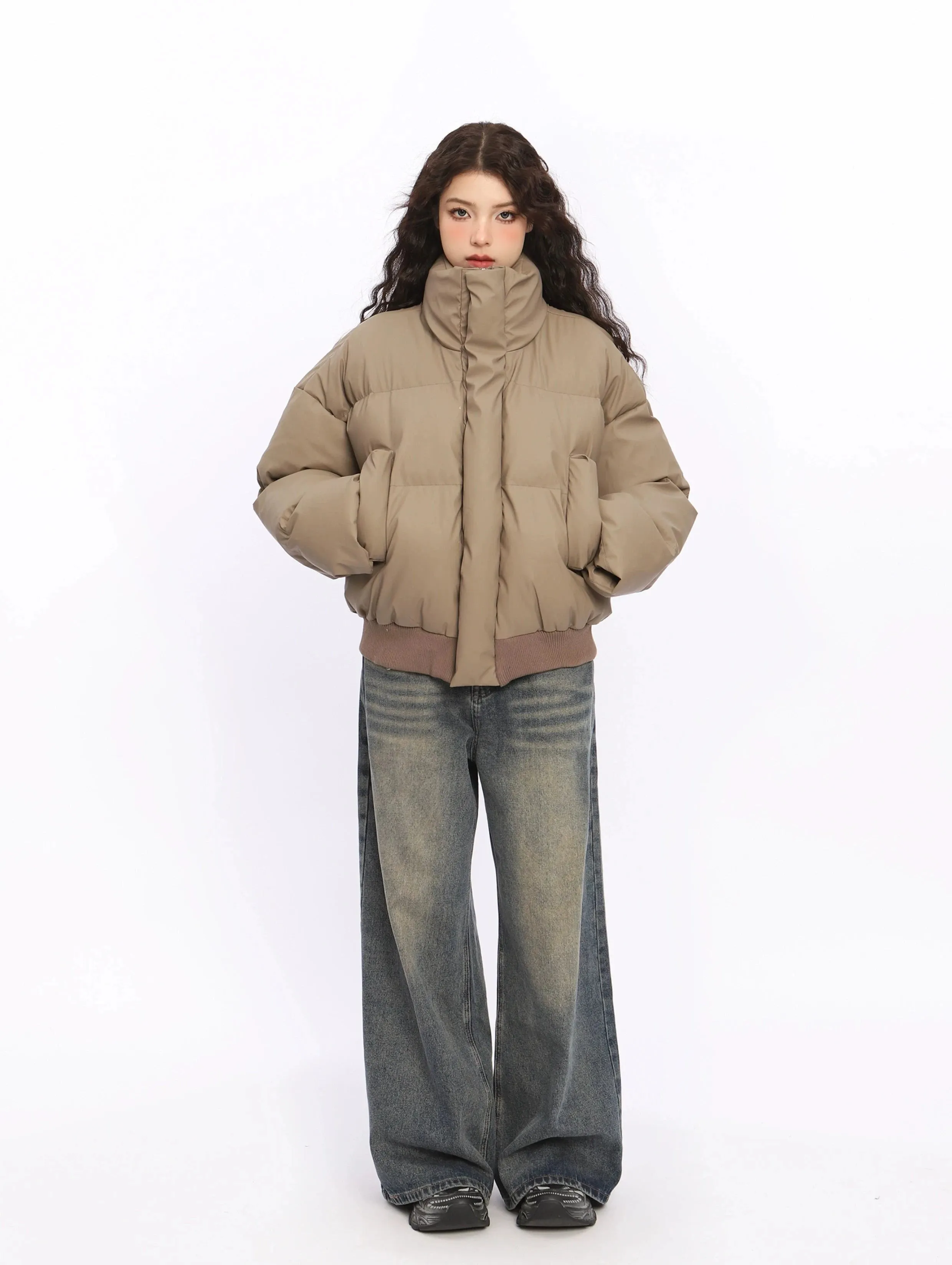 Puffer Jacket with Stand Collar and Elastic Hem