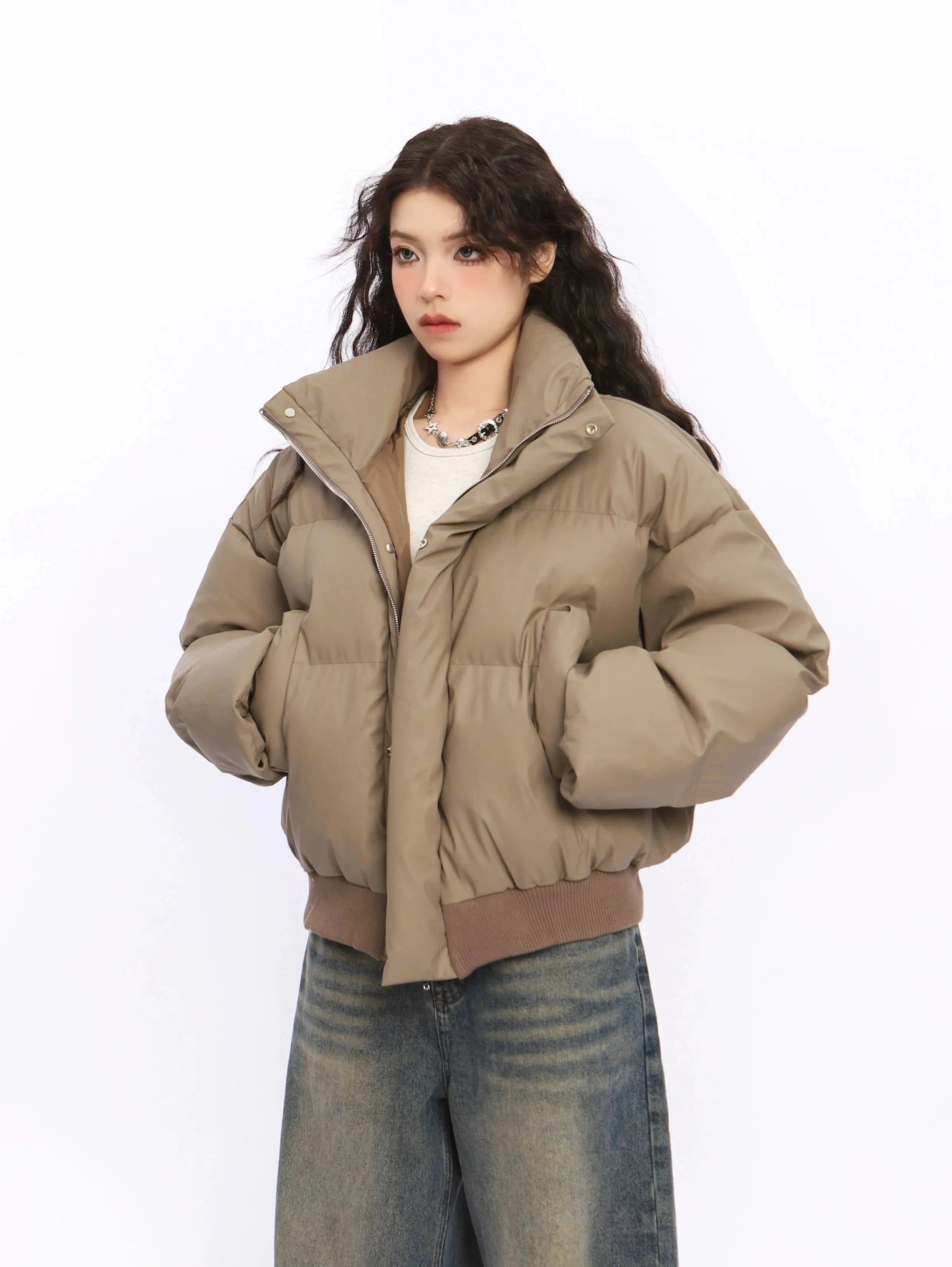 Puffer Jacket with Stand Collar and Elastic Hem