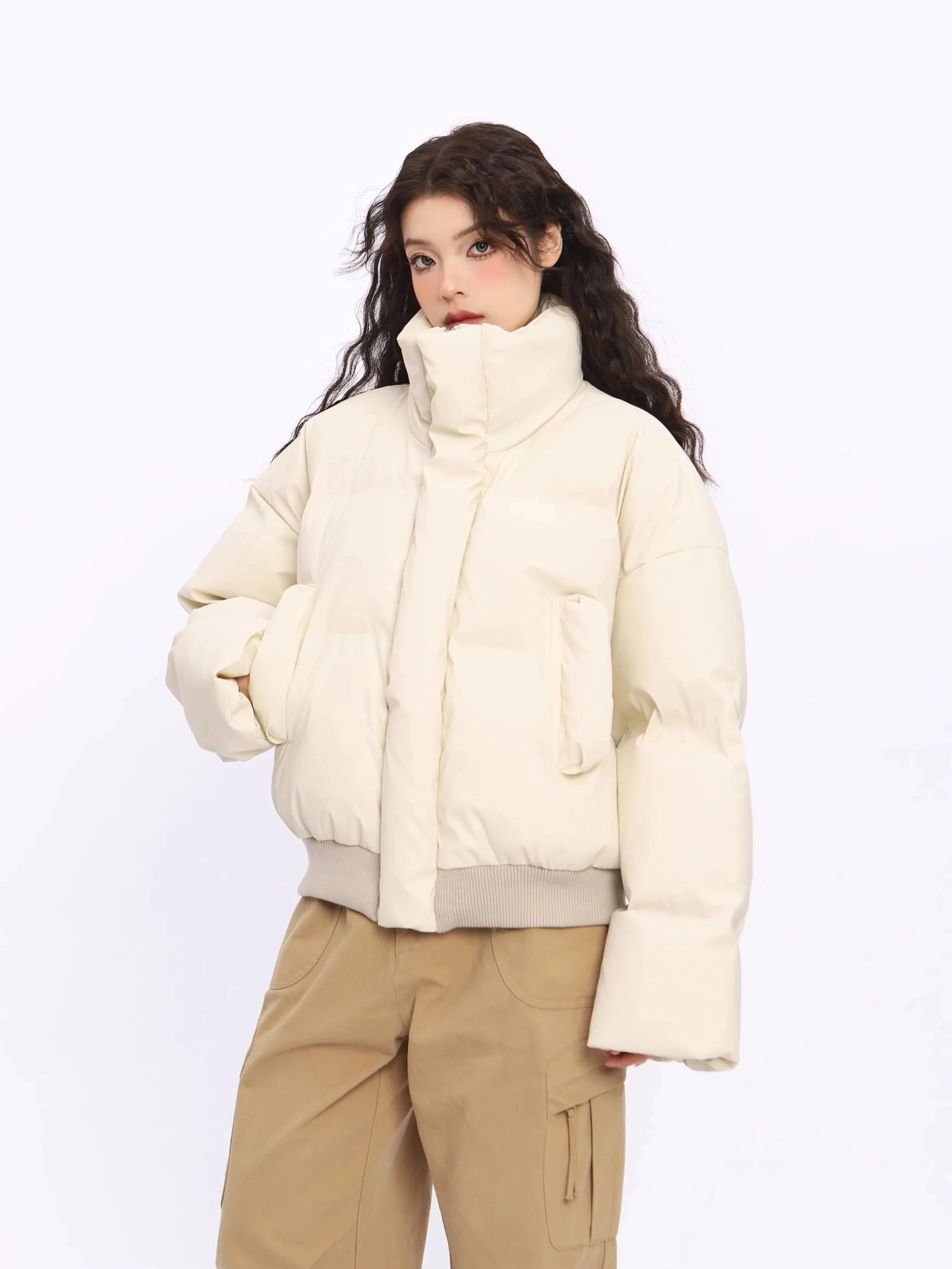 Puffer Jacket with Stand Collar and Elastic Hem
