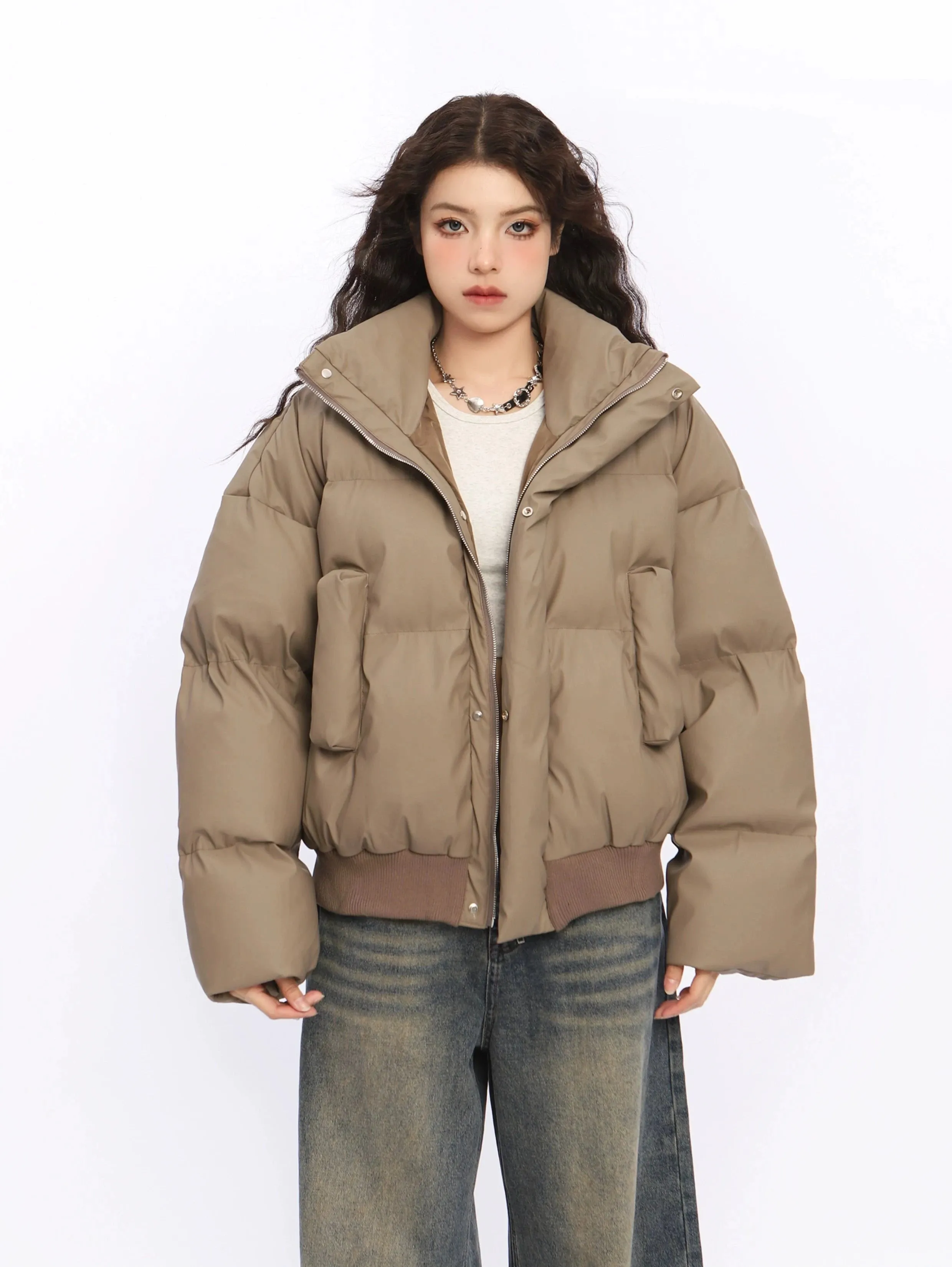 Puffer Jacket with Stand Collar and Elastic Hem