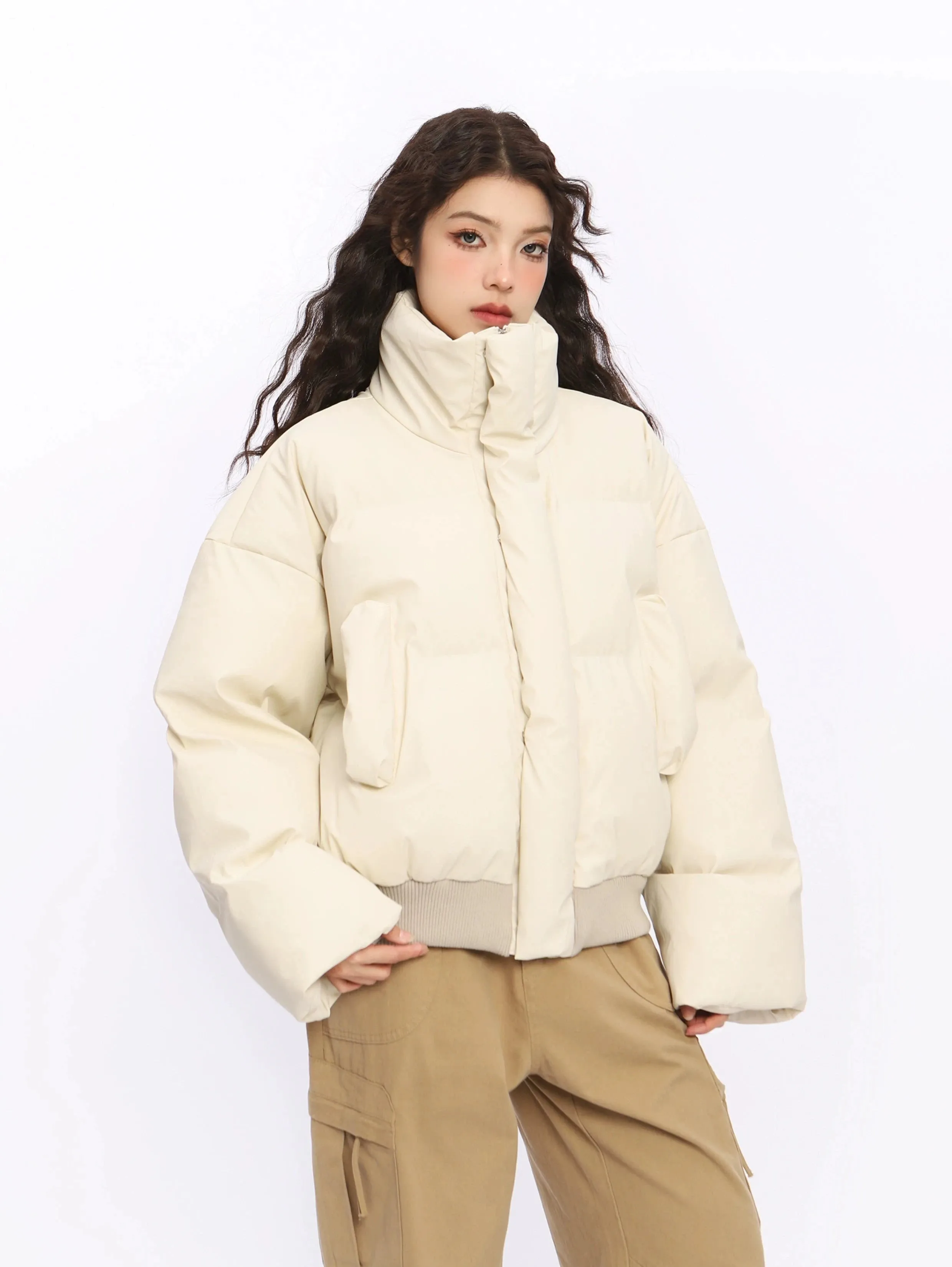 Puffer Jacket with Stand Collar and Elastic Hem