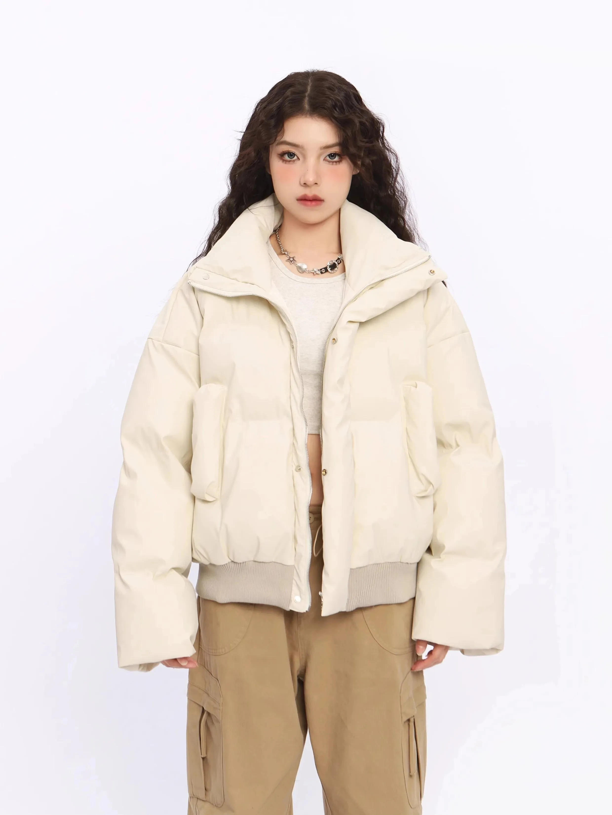 Puffer Jacket with Stand Collar and Elastic Hem
