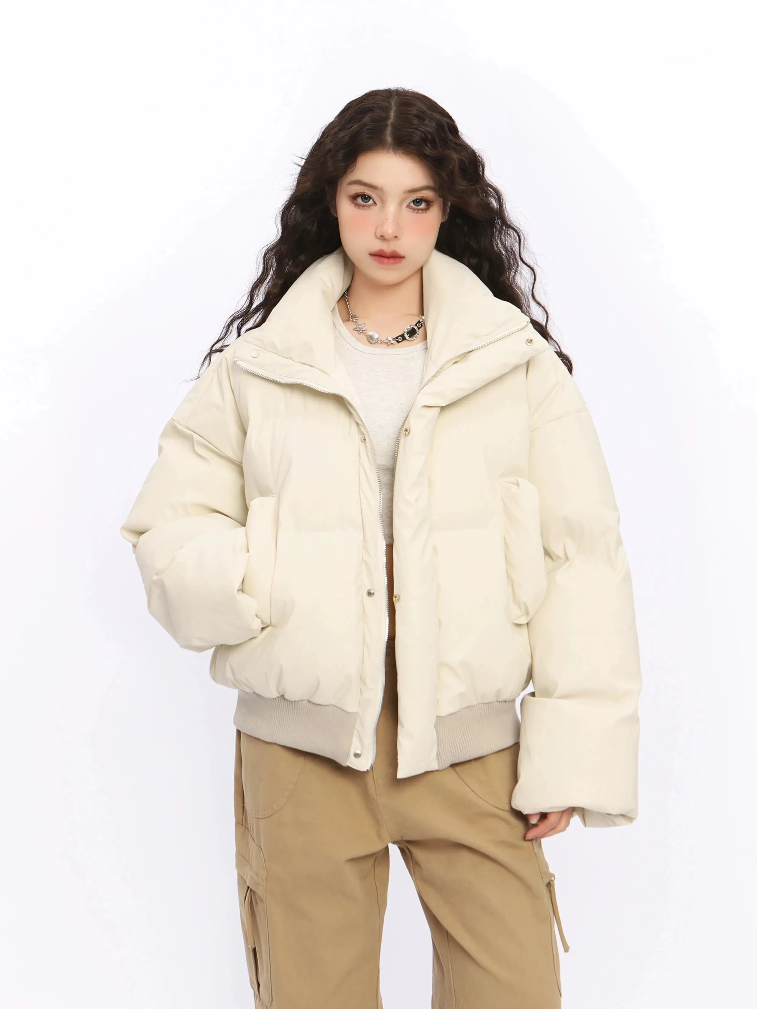 Puffer Jacket with Stand Collar and Elastic Hem