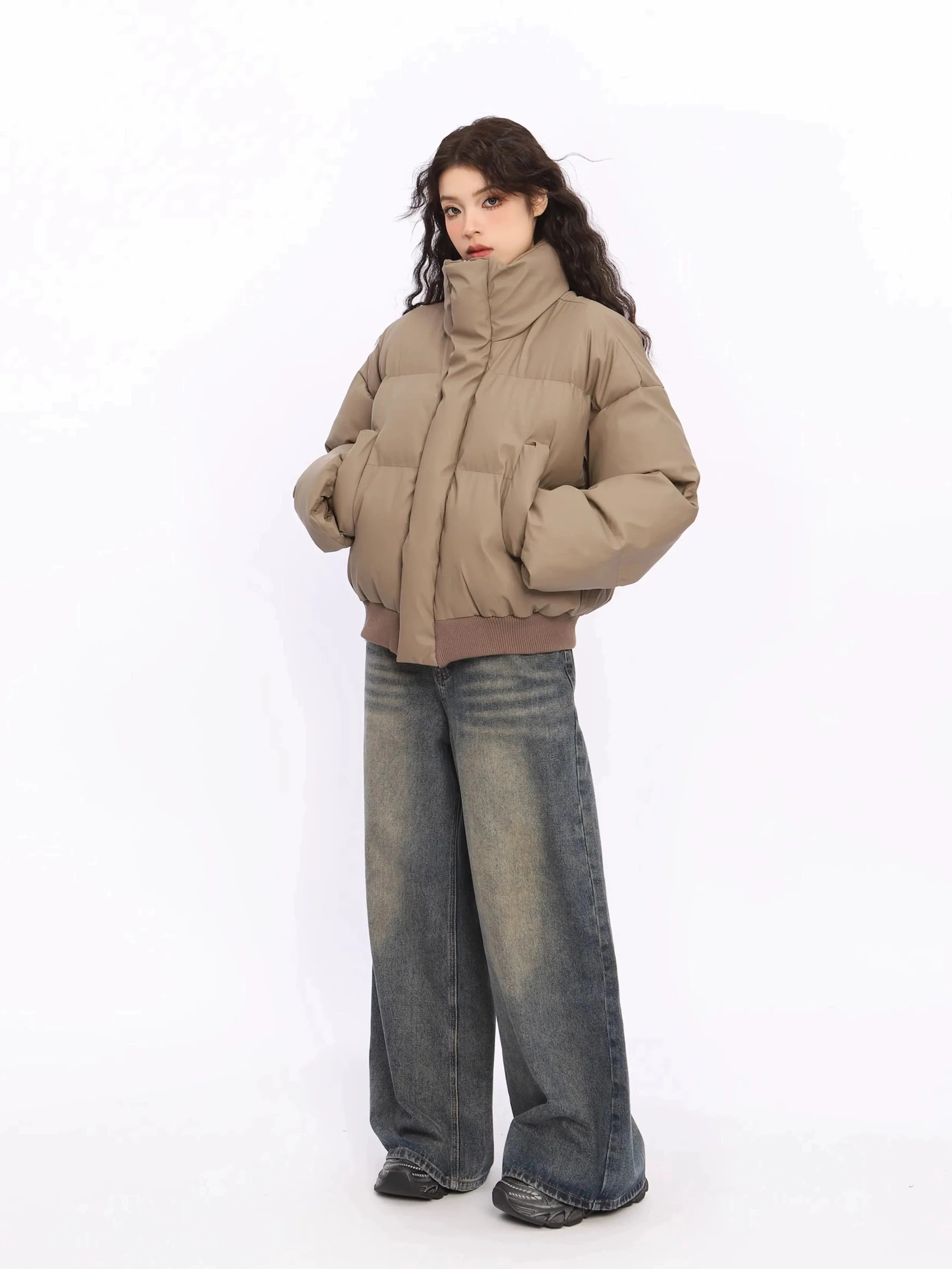 Puffer Jacket with Stand Collar and Elastic Hem