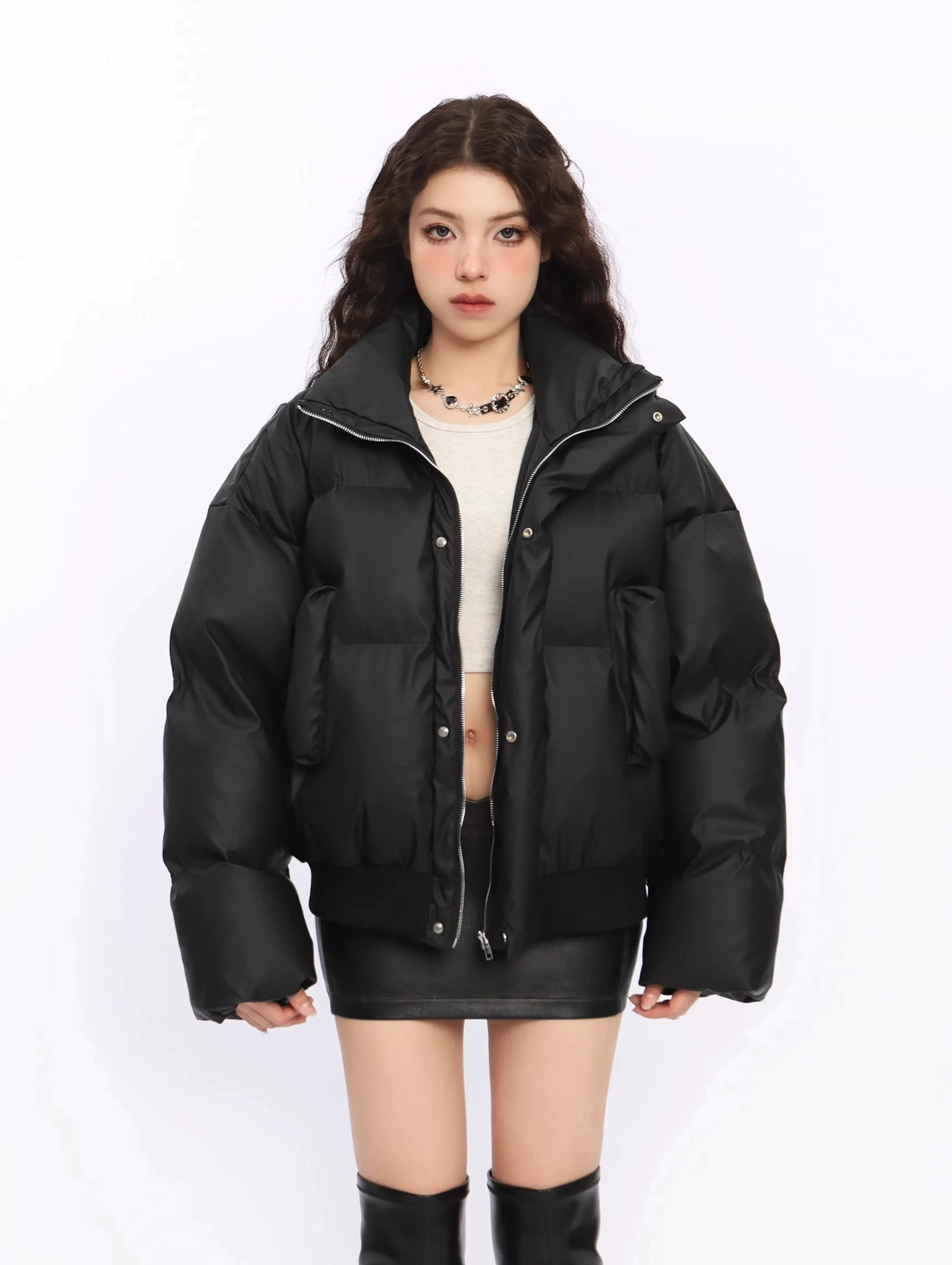 Puffer Jacket with Stand Collar and Elastic Hem