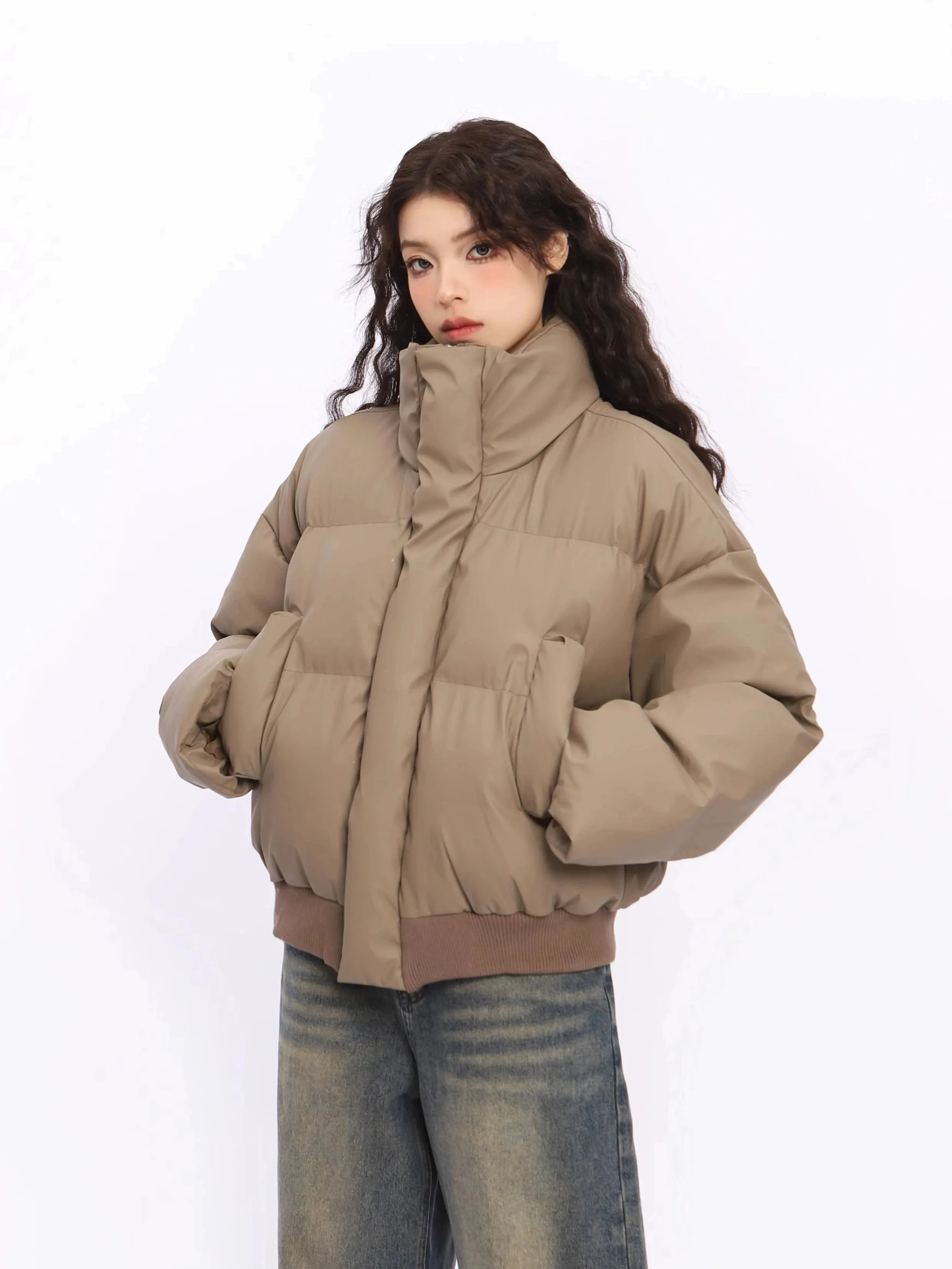 Puffer Jacket with Stand Collar and Elastic Hem