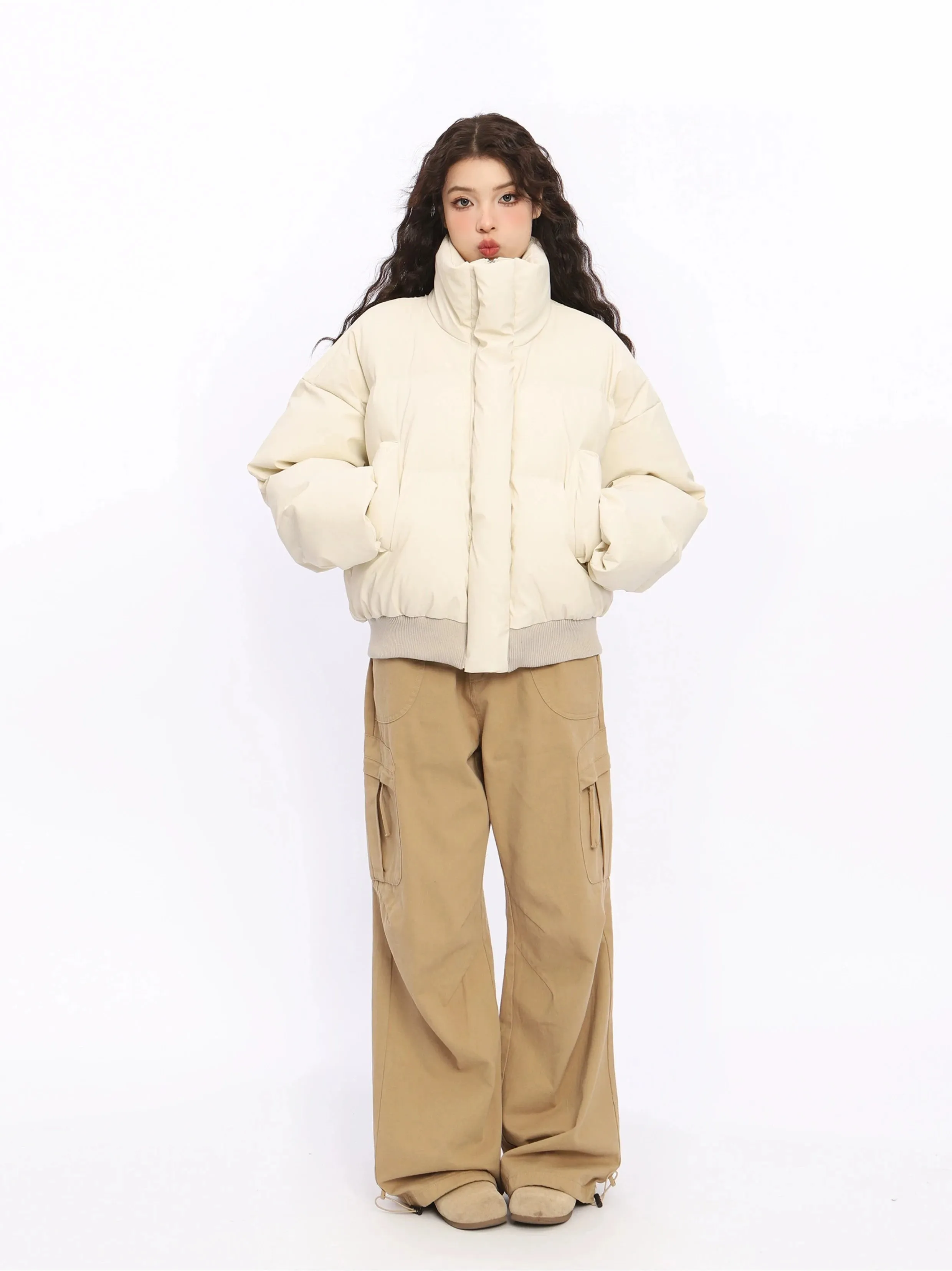 Puffer Jacket with Stand Collar and Elastic Hem