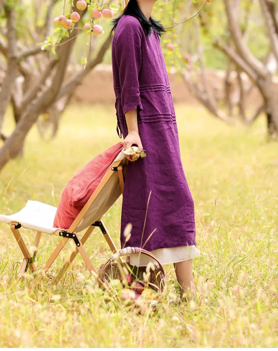 Purple Pleated Short Sleeve linen Women Dresses Casual Women Dress SSM97215