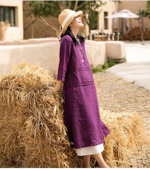 Purple Pleated Short Sleeve linen Women Dresses Casual Women Dress SSM97215