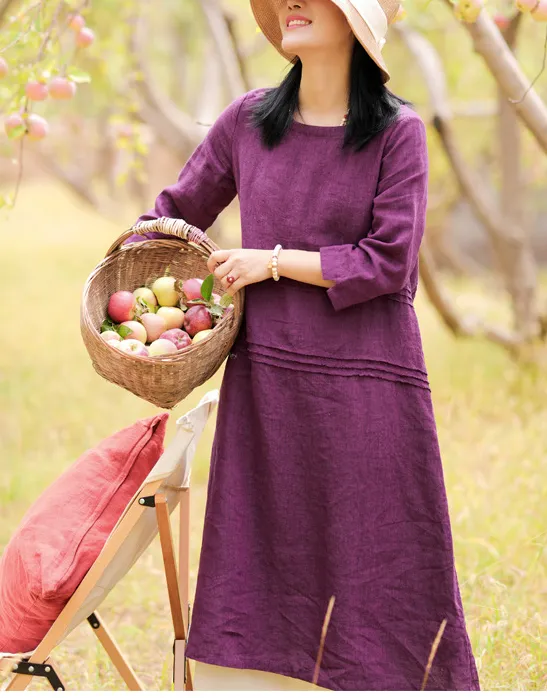 Purple Pleated Short Sleeve linen Women Dresses Casual Women Dress SSM97215