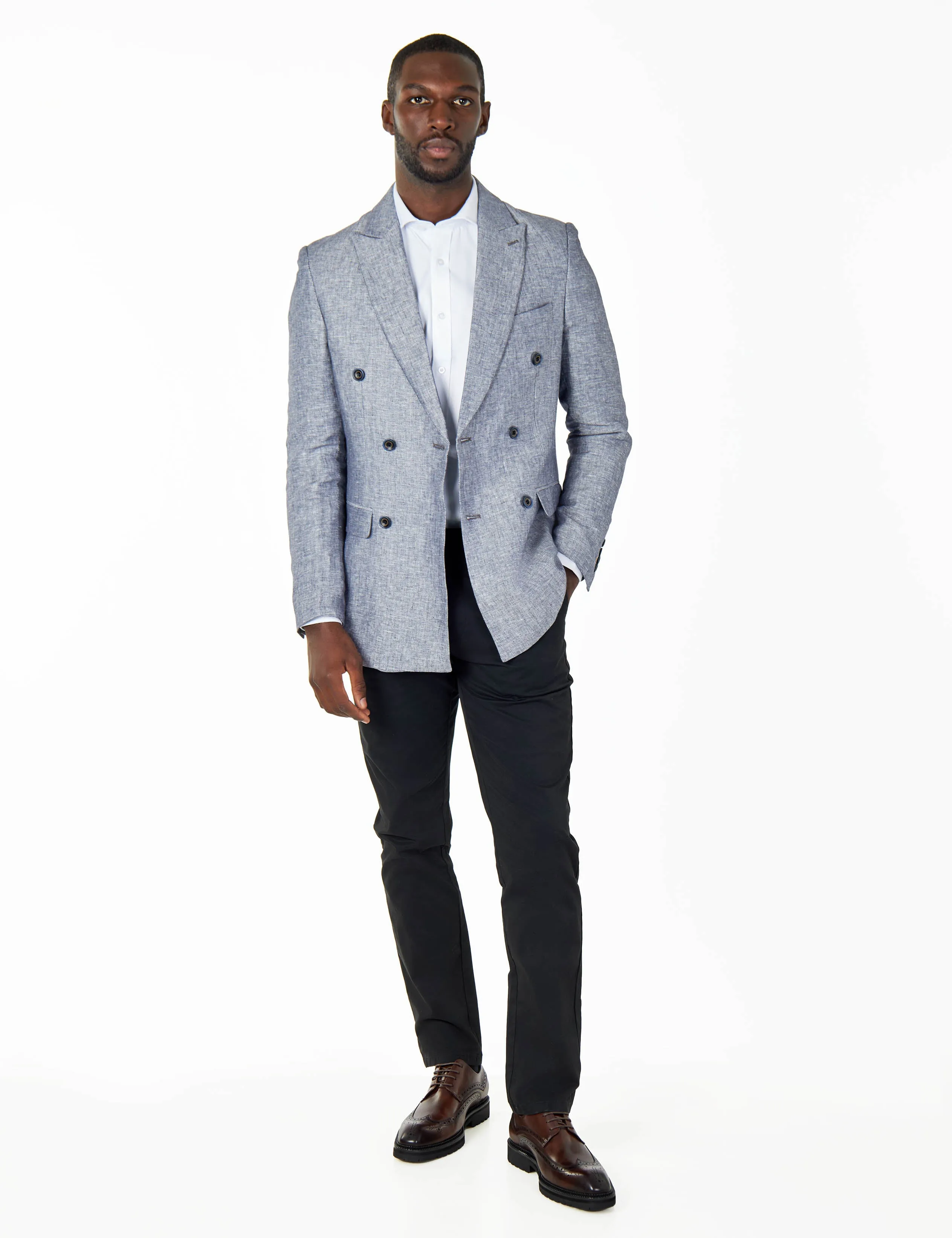 RAY - TAILORED FIT GREY BLUE HERRINGBONE LINEN DOUBLE BREASTED JACKET