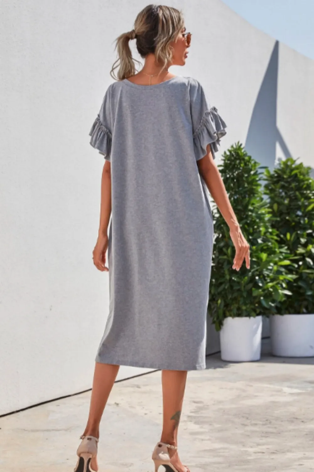 Ruffle Sleeves V Neck Midi Dress