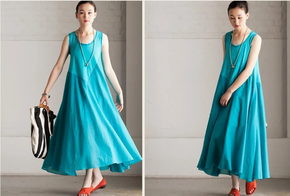 Summer Cotton Patchwork Dress Maxi Loose Long Dress Sleeveless Clothes Women's Dress