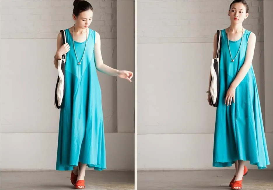 Summer Cotton Patchwork Dress Maxi Loose Long Dress Sleeveless Clothes Women's Dress