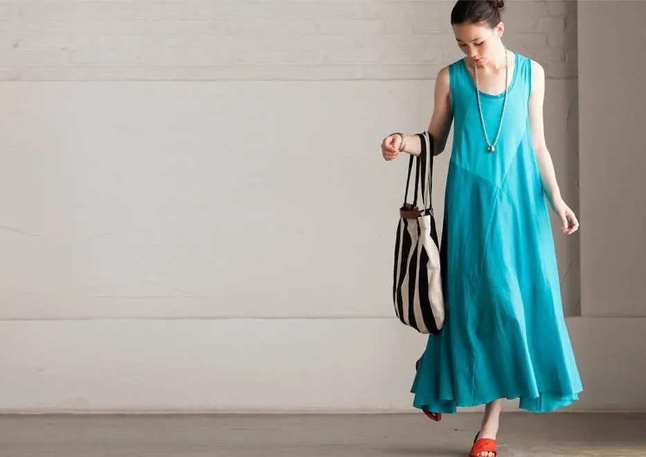 Summer Cotton Patchwork Dress Maxi Loose Long Dress Sleeveless Clothes Women's Dress