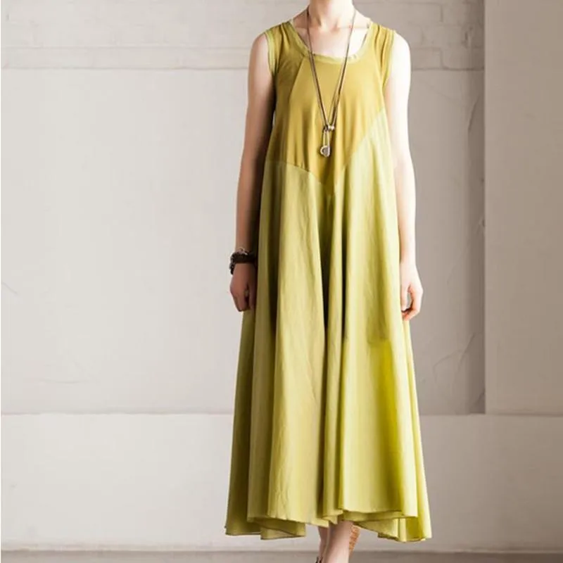 Summer Cotton Patchwork Dress Maxi Loose Long Dress Sleeveless Clothes Women's Dress