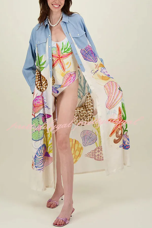 Take A Trip Marine Elements Unique Print Patchwork Pocketed Long Shirt Coat