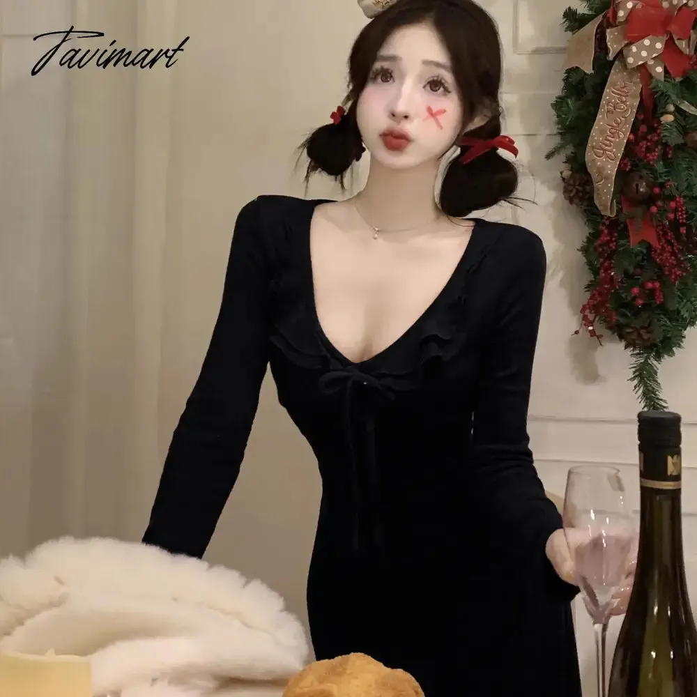 TAVIMART -  Sweet Hot Girl Red Ruffled Dress Women's Autumn/Winter Long-sleeved V-neck Slim Fit A-line Medium Length Dress Female Clothes