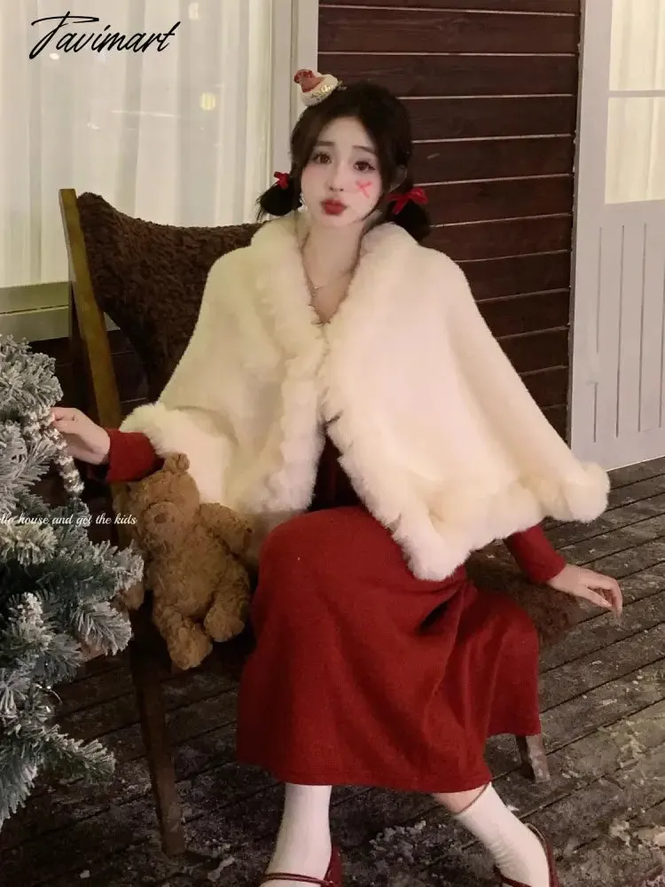 TAVIMART -  Sweet Hot Girl Red Ruffled Dress Women's Autumn/Winter Long-sleeved V-neck Slim Fit A-line Medium Length Dress Female Clothes