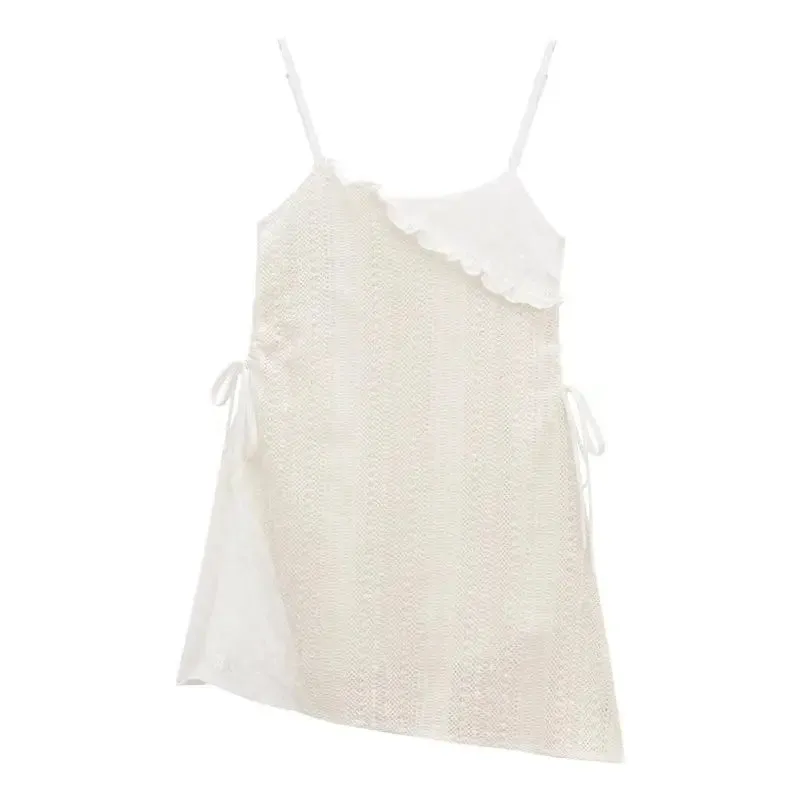 Territory 2024 Spring New Korean Hollow Loose Casual Asymmetric Lace Sling Dress Women   Solid Color Long-sleeved T-shirt Two-piece Suit