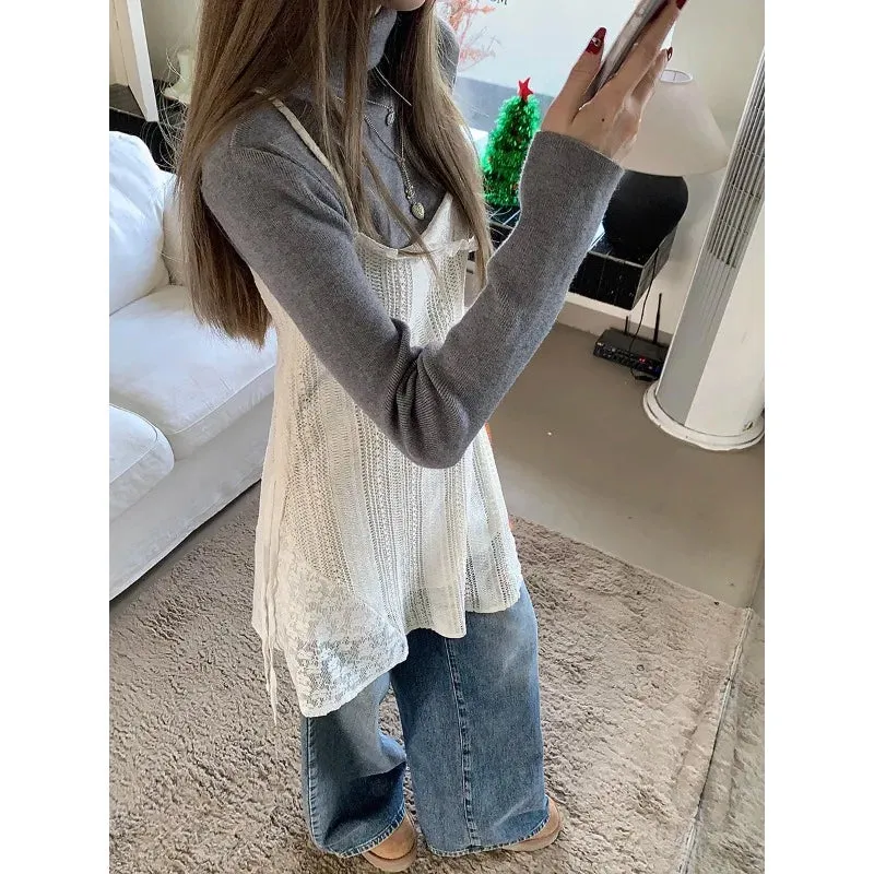 Territory 2024 Spring New Korean Hollow Loose Casual Asymmetric Lace Sling Dress Women   Solid Color Long-sleeved T-shirt Two-piece Suit