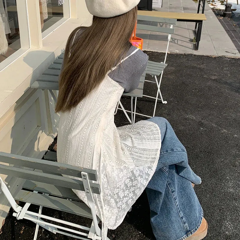 Territory 2024 Spring New Korean Hollow Loose Casual Asymmetric Lace Sling Dress Women   Solid Color Long-sleeved T-shirt Two-piece Suit