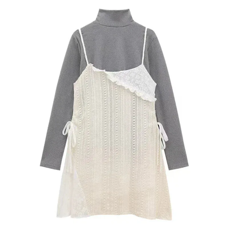 Territory 2024 Spring New Korean Hollow Loose Casual Asymmetric Lace Sling Dress Women   Solid Color Long-sleeved T-shirt Two-piece Suit