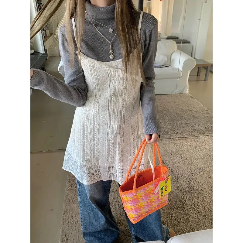 Territory 2024 Spring New Korean Hollow Loose Casual Asymmetric Lace Sling Dress Women   Solid Color Long-sleeved T-shirt Two-piece Suit