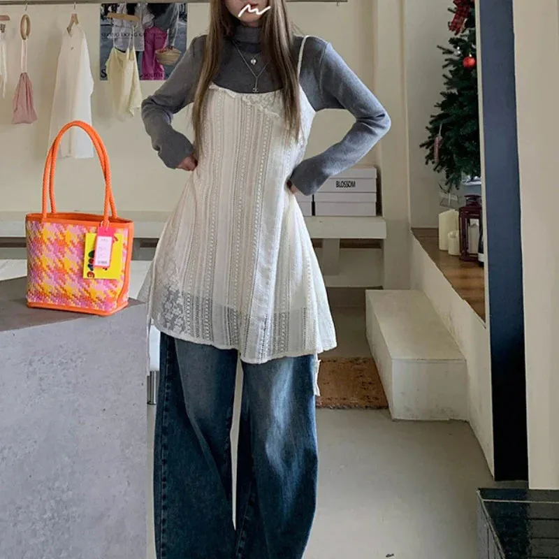 Territory 2024 Spring New Korean Hollow Loose Casual Asymmetric Lace Sling Dress Women   Solid Color Long-sleeved T-shirt Two-piece Suit