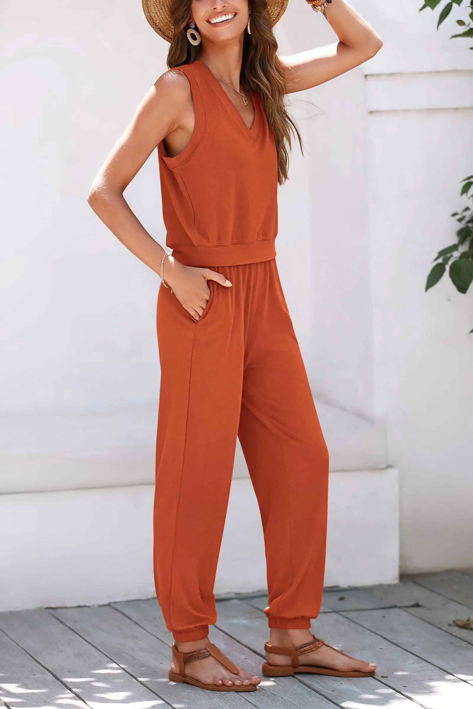 V Neck Tank Top Jogger Sweatpants Set