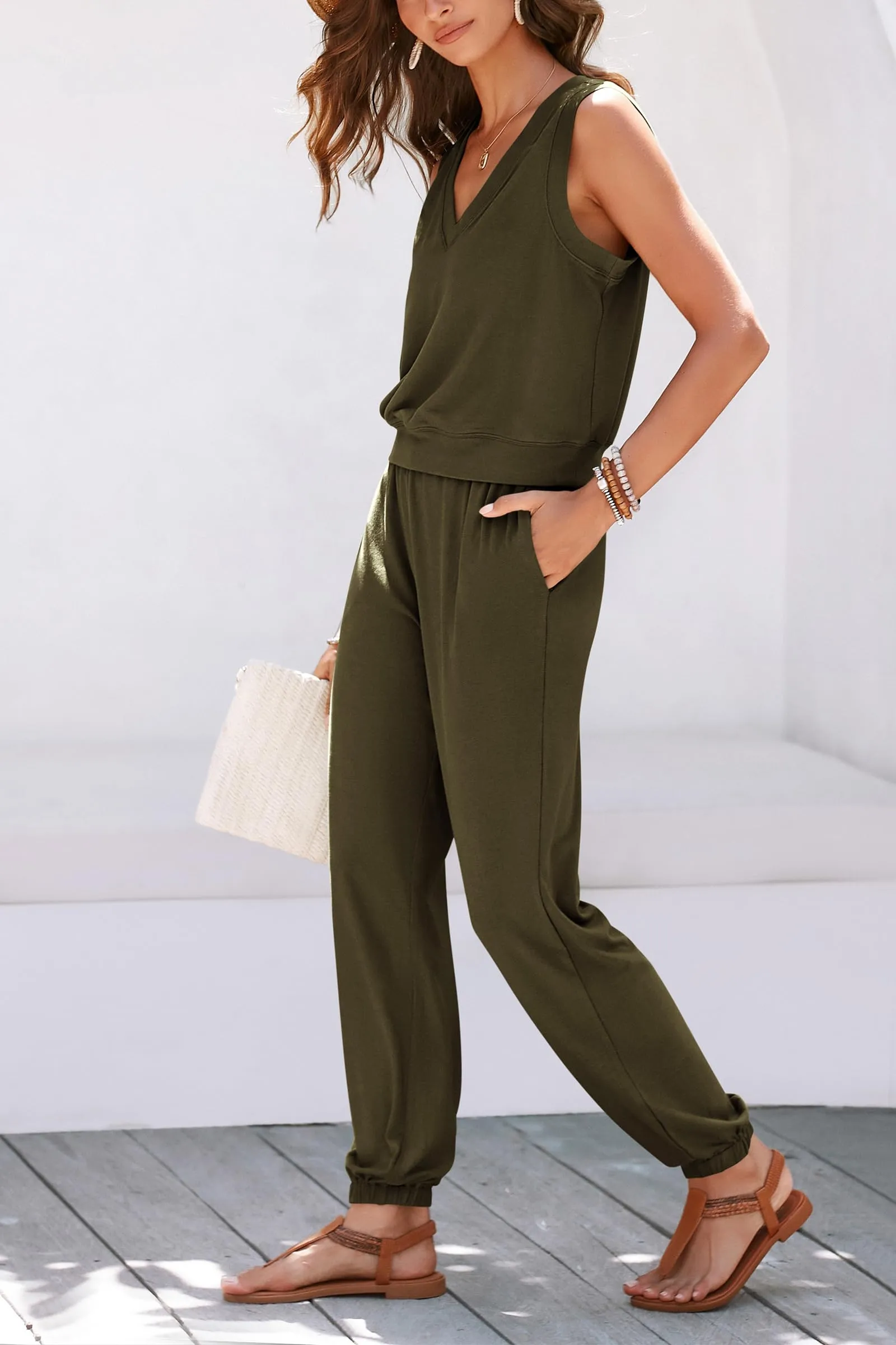 V Neck Tank Top Jogger Sweatpants Set