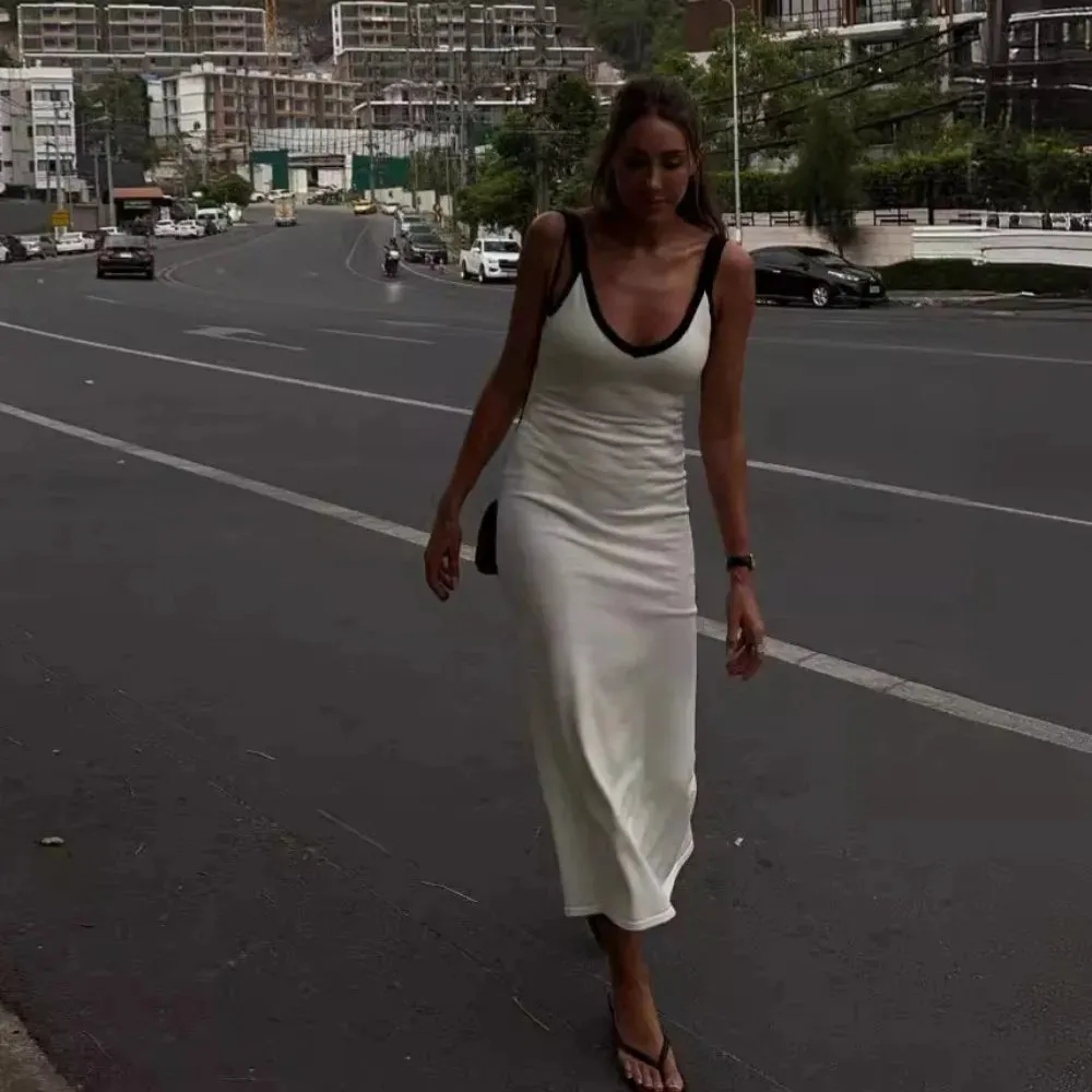 White Knitted Long Dress Summer Women Elegant Strap Slim Beach Dresses Holiday Outfits Fashion Patchwork Back Split Party Dress