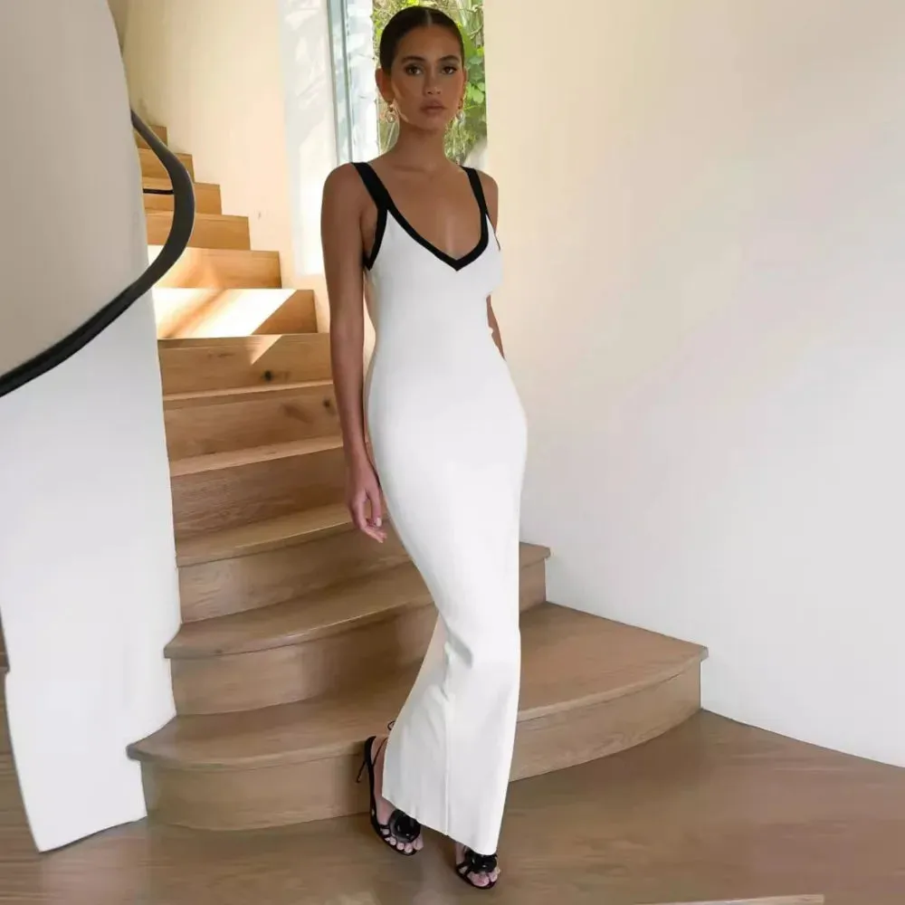 White Knitted Long Dress Summer Women Elegant Strap Slim Beach Dresses Holiday Outfits Fashion Patchwork Back Split Party Dress