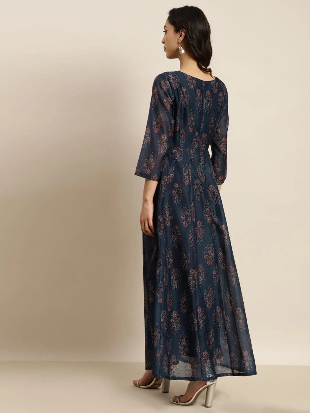 Women Navy Chanderi Floral Sleeveless Anarkali Maxi Dress