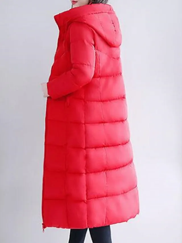 Women's Puffer Jacket Hoodie Jacket Street Daily Valentine's Day Winter Fall Long Coat Regular Fit Warm Breathable Casual Jacket Long Sleeve Solid Color Full Zip Black Dusty Rose Khaki / Going out