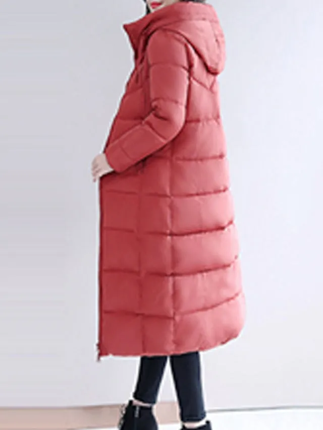 Women's Puffer Jacket Hoodie Jacket Street Daily Valentine's Day Winter Fall Long Coat Regular Fit Warm Breathable Casual Jacket Long Sleeve Solid Color Full Zip Black Dusty Rose Khaki / Going out