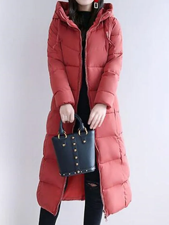 Women's Puffer Jacket Hoodie Jacket Street Daily Valentine's Day Winter Fall Long Coat Regular Fit Warm Breathable Casual Jacket Long Sleeve Solid Color Full Zip Black Dusty Rose Khaki / Going out