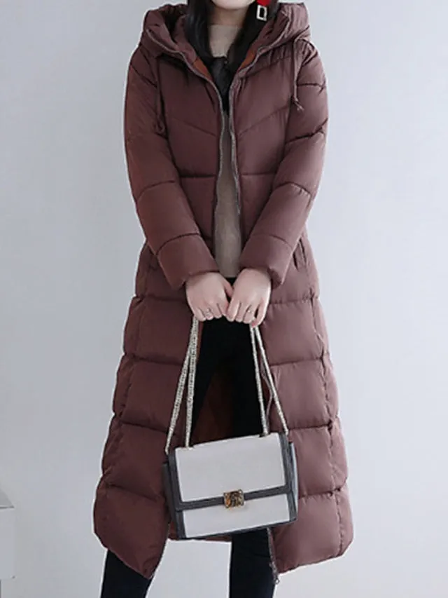 Women's Puffer Jacket Hoodie Jacket Street Daily Valentine's Day Winter Fall Long Coat Regular Fit Warm Breathable Casual Jacket Long Sleeve Solid Color Full Zip Black Dusty Rose Khaki / Going out