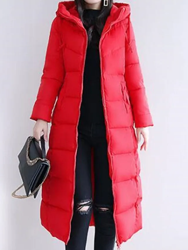 Women's Puffer Jacket Hoodie Jacket Street Daily Valentine's Day Winter Fall Long Coat Regular Fit Warm Breathable Casual Jacket Long Sleeve Solid Color Full Zip Black Dusty Rose Khaki / Going out