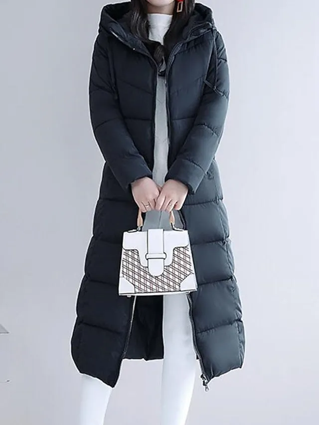 Women's Puffer Jacket Hoodie Jacket Street Daily Valentine's Day Winter Fall Long Coat Regular Fit Warm Breathable Casual Jacket Long Sleeve Solid Color Full Zip Black Dusty Rose Khaki / Going out