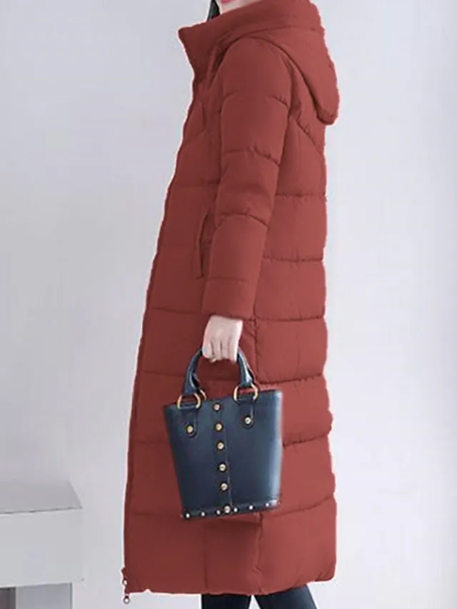 Women's Puffer Jacket Hoodie Jacket Street Daily Valentine's Day Winter Fall Long Coat Regular Fit Warm Breathable Casual Jacket Long Sleeve Solid Color Full Zip Black Dusty Rose Khaki / Going out