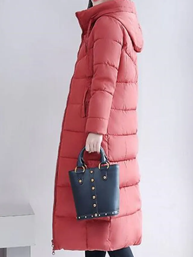 Women's Puffer Jacket Hoodie Jacket Street Daily Valentine's Day Winter Fall Long Coat Regular Fit Warm Breathable Casual Jacket Long Sleeve Solid Color Full Zip Black Dusty Rose Khaki / Going out